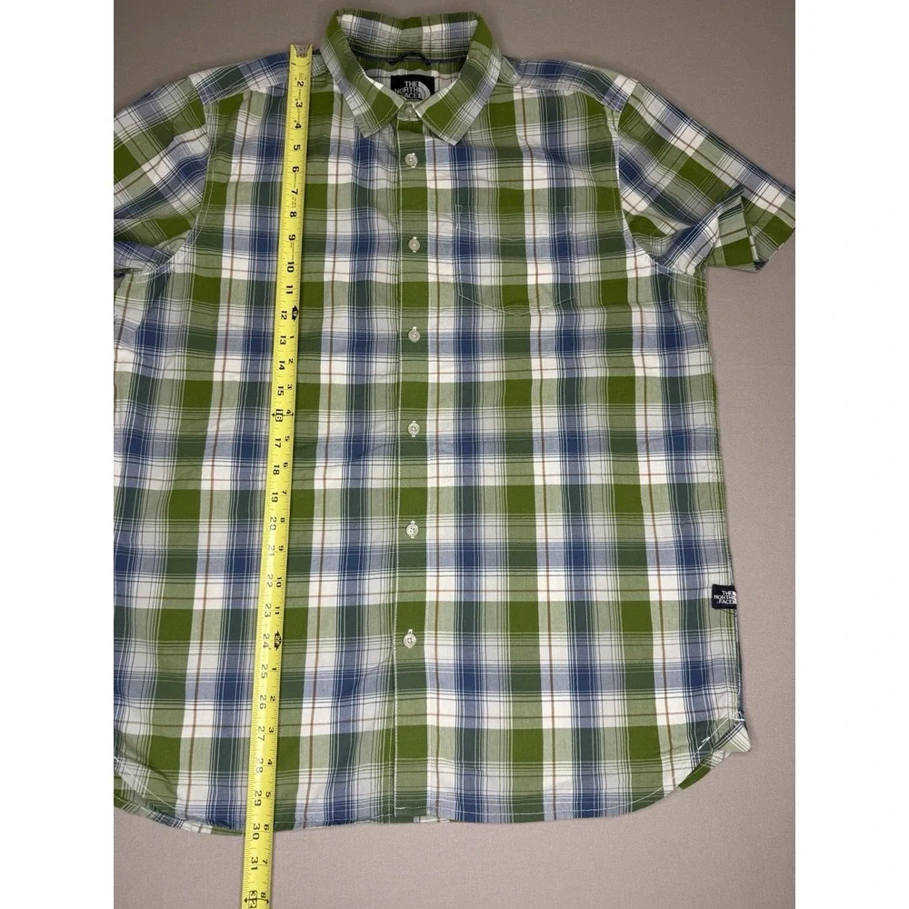 The North Face Shirt Men's L Green Blue Plaid Short Sleeve Button‎ Up Casual